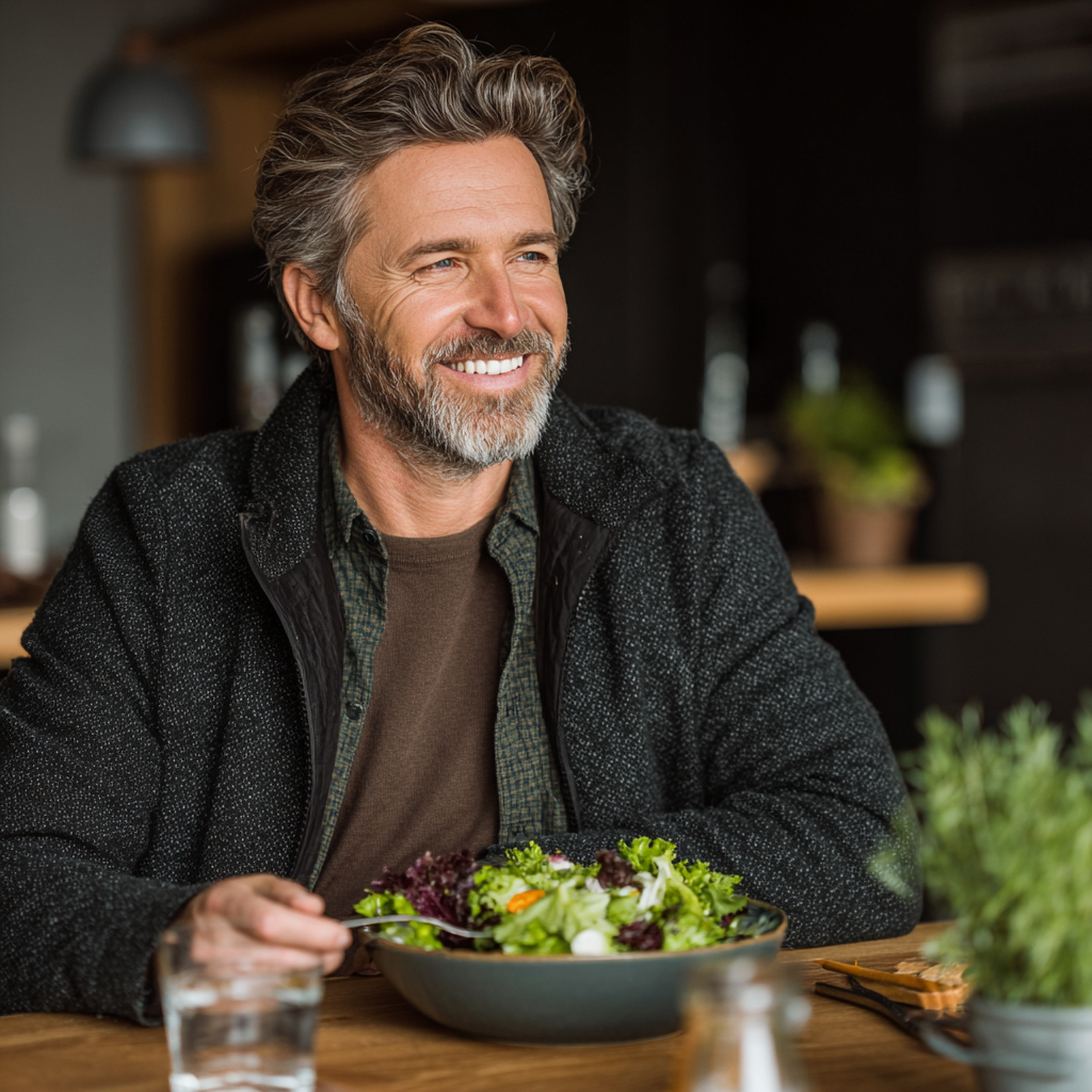 Happy middle-aged man in his early 50s enjoying a healthy salad at home, demonstrating satisfaction with nutritious meal planning