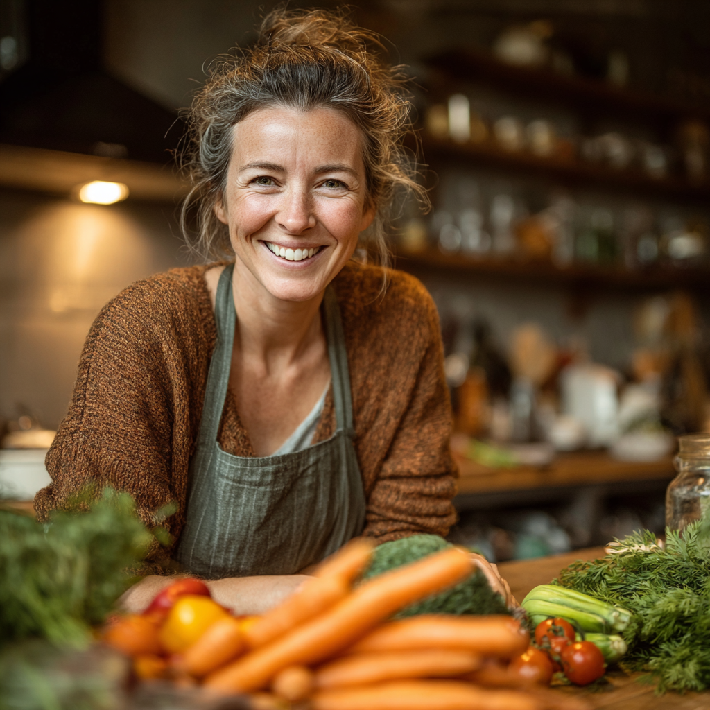 Smiling woman in her 40s preparing fresh vegetables in a modern kitchen, showing healthy cooking habits